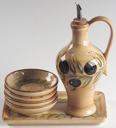 Provincial Olives Oil Jar/Drizzler with 4 Dipping Bowls & Tray