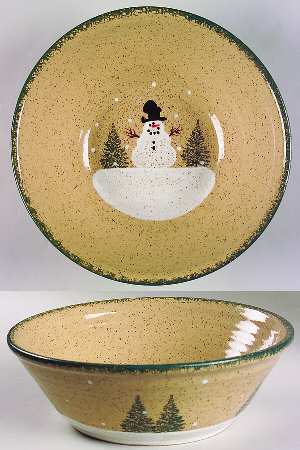 Snowman & Pines (Hand Thrown) 11" Round Vegetable Bowl by Three Rivers