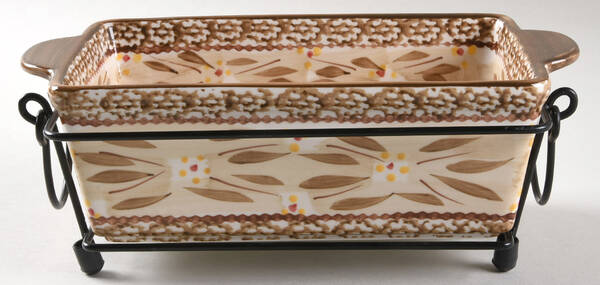 Old World Brown 10" Rectangular Baker w/Metal Stand
