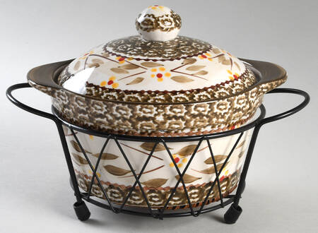 Old World Brown 1 Qt Round Covered Casserole with Metal Stand