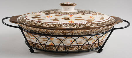 Old World Brown 2 Qt Covered Casserole & Metal Stand