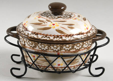 Old World Brown 10 Oz Individual Casserole & Lid W/Metal Stand