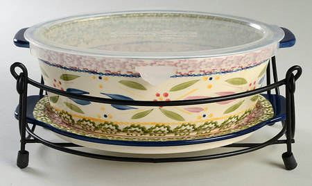 Old World Confetti 10" Oval Baker w/Storage Cover, Lid-It & Mtl Stand by Temp-Tations