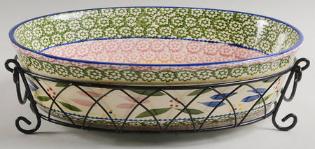 Old World Confetti 13" Oval Baker W/Metal Stand & Glass Trivet