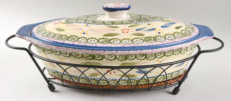 Old World Confetti 2 Qt Oval Casserole & Metal Stand w/Wicker Trivet by Temp-Tations