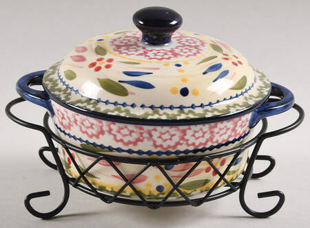 Old World Confetti 10 Oz Individual Casserole & Lid W/Metal Stand