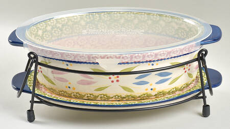Old World Confetti 11" Oval Baker w/Plastic Lid, Lid-It & Mtl Stand