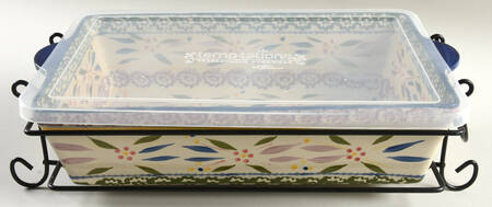 Old World Confetti 13" Rectangular Baker (RB13) & Plastic Lid (R13PLA) w/Metal Stand (MRB13A)