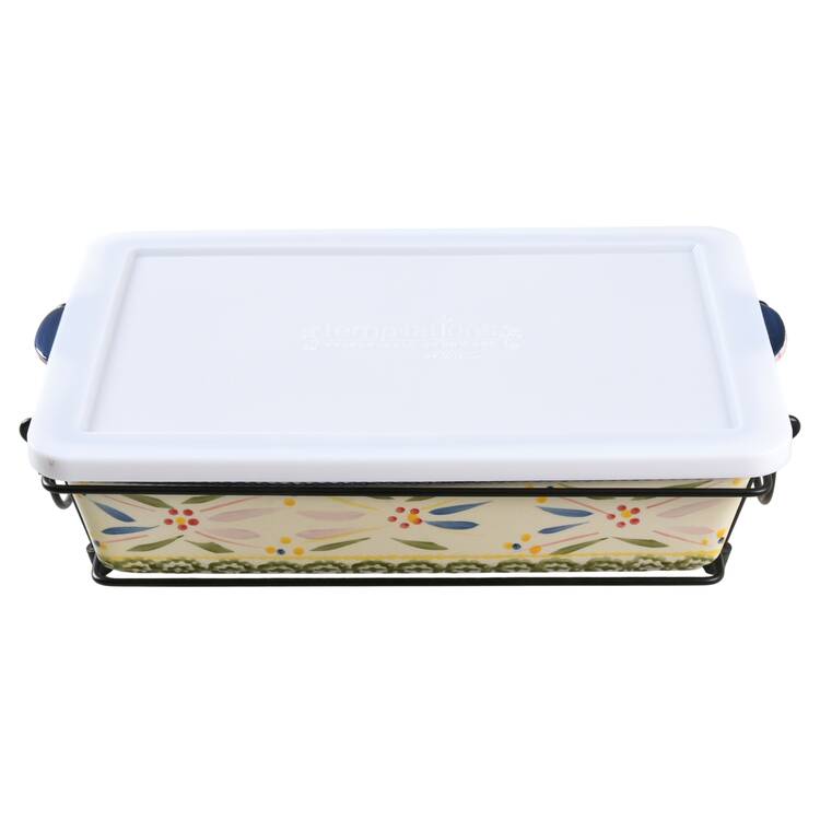Old World Confetti 13" Rectangular Baker & Plastic Lid with Metal Stand
