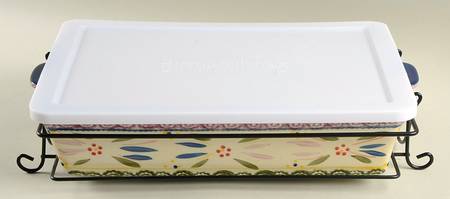 Old World Confetti 15" Rectangular Baker W/Storage Cover& Metal Stand