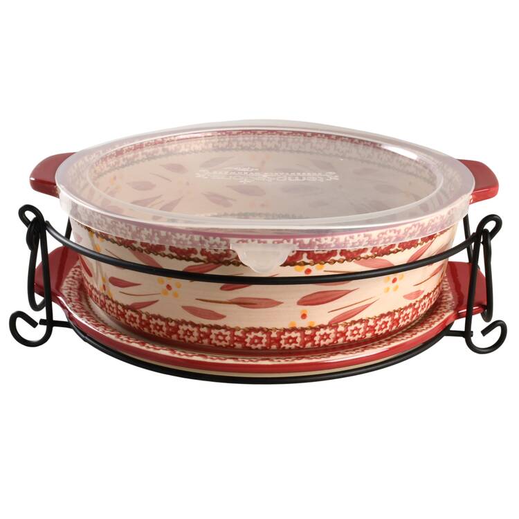 Old World Cranberry 11" Round Tab Handled Baker & Lid-It with Plastic Lid & Metal Stand