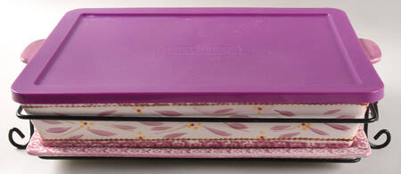 Old World Lilac 15" Rectangular Baker with Lid-It, Plastic Lid & Metal Stand