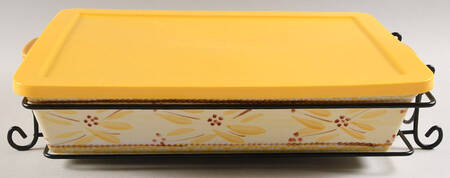 Old World Yellow 15" Rectangular Baker W/Storage Cover& Metal Stand