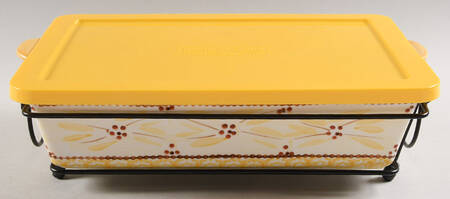 Old World Yellow 13" Rectangular Baker & Plastic Lid with Metal Stand