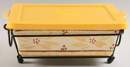Old World Yellow 10" Rectangular Baker W/Plastic Lid & Metal Stand by Temp-Tations