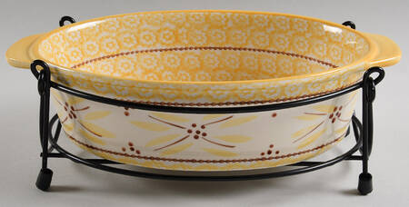 Old World Yellow 12" Oval Baker with Metal Stand