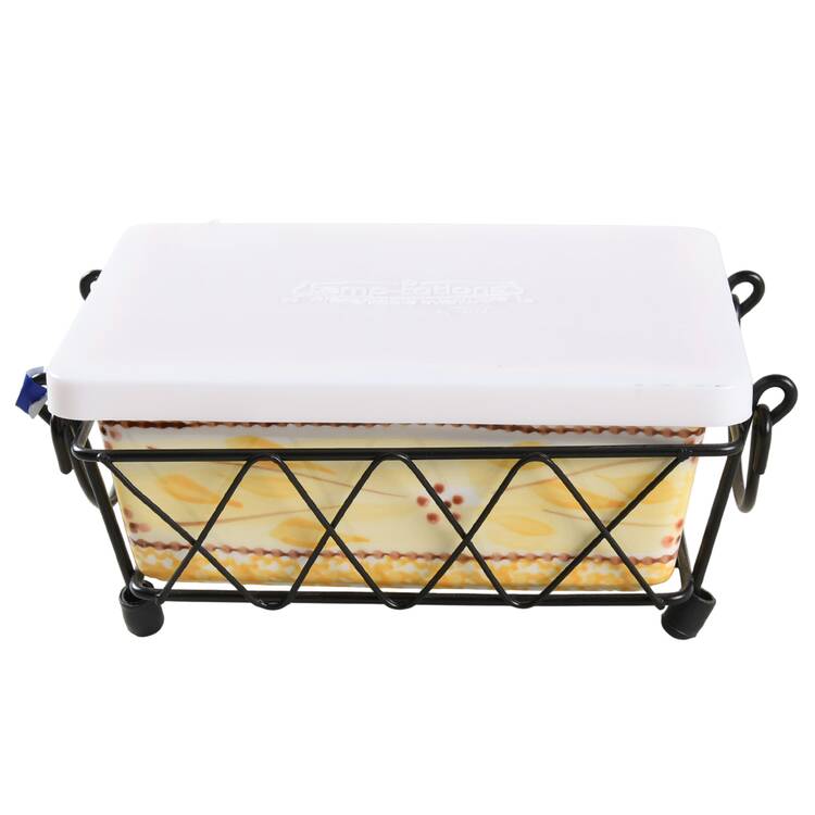 Old World Yellow 7" Rectangular Baker W/Storage Cover & Metal Stand