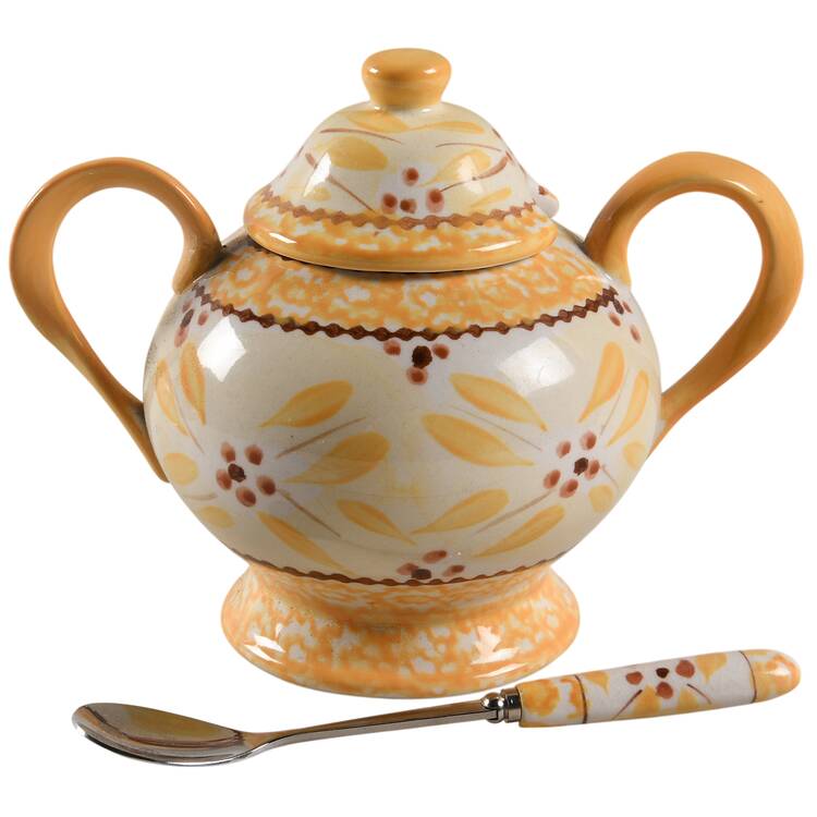 Old World Yellow Sugar Bowl & Lid W/Spoon