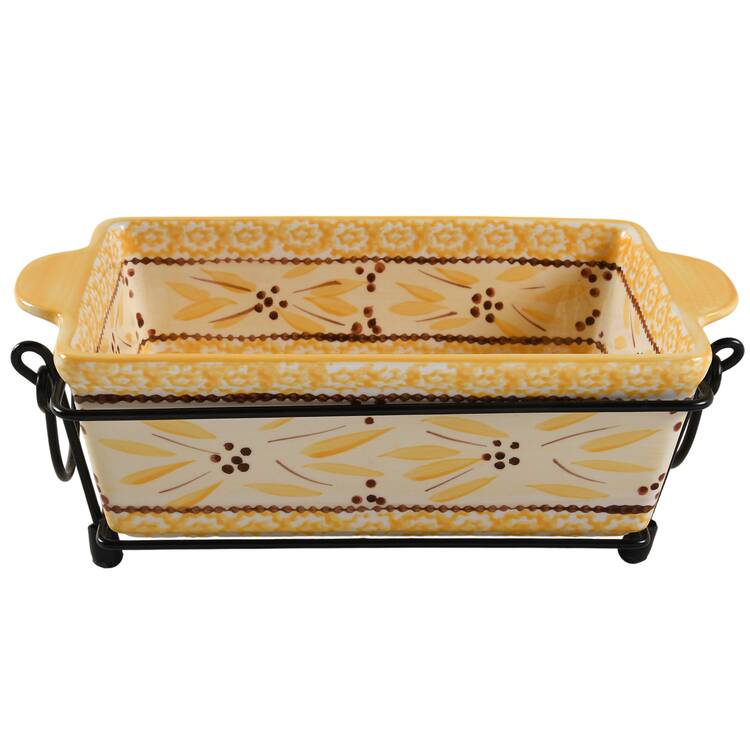 Old World Yellow 10" Rectangular Baker w/Metal Stand