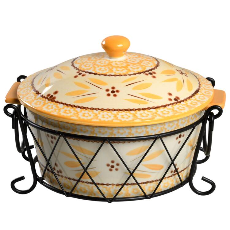 Old World Yellow 1.5 Quart Covered Round Baker & Metal Stand