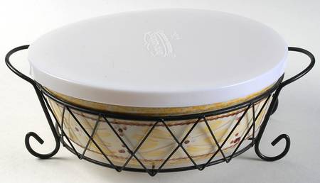 Old World Yellow 10" Round Baker & Plastic Lid w/Metal Stand