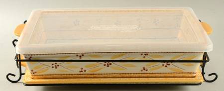 Old World Yellow 4pc 15" Rect. Baker (Baker,Lid,Tray & Stand)