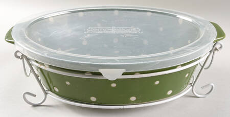 Polka Dot Green 13" Oval Baker W/Lid, Metal Stand & Glass Trivet
