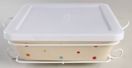 Polka Dot Cream 9" Square Baker w/Storage Cover & Metal Stand