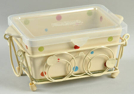 Polka Dot Cream 8" Handled Rectangular Baker w/Plastic Lid, Glass Trivet & Metal Stand