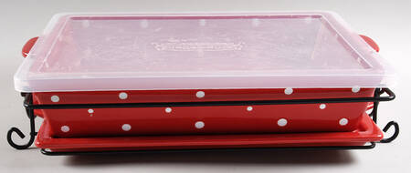 Polka Dot Red 4pc 13" Rect. Baker (Baker,Lid,Tray & Stand)
