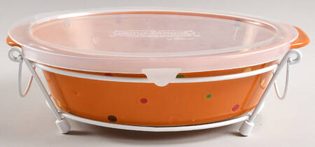 Polka Dot Spice 1.5 Quart Oval Covered Casserole w/Plastic Lid & Metal Stand by Temp-Tations