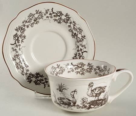 New England Toile Brown (Gamebird) Flat Cup & Saucer Set