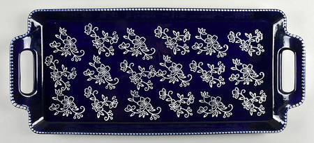 Floral Lace-Blue 19" Rectangular Tray with Upswept Handles