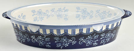Floral Lace-Blue 15" Oval Baker & Plastic Lid by Temp-Tations