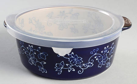 Floral Lace-Blue 8" Handled Round Baker with Plastic Lid