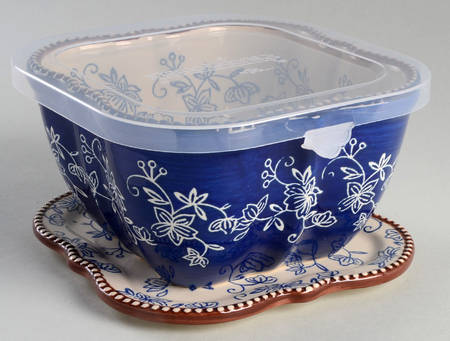 Floral Lace-Blue 6" 1 Qt Square Bowl w/Plastic Lid & Lid-It