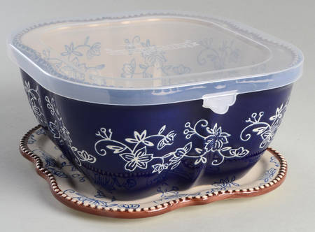 Floral Lace-Blue 7" 1.5 Qt Square Bowl w/Plastic Lid & Lid-It