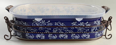 Floral Lace-Blue 15" Oval Baker w/Plastic Lid, Lid-It & Metal Stand