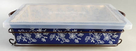 Floral Lace-Blue 13" Rectangular Baker W/Storage Lid & Metal Stand