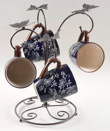Floral Lace-Blue Mug Tree & 4 Mugs (MUGM2 & MUGTRE)
