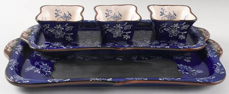 Floral Lace-Blue 5pc Entertaining Set(Tray,3 Dip Bowls&Chalkbd Tray by Temp-Tations