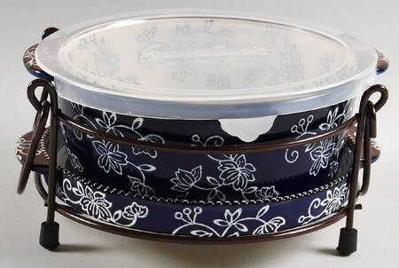 Floral Lace-Blue 4pc 8" Round Handled Baker(Baker,Lid,Lidit&Stand)