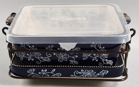 Floral Lace-Blue 9" Square Baker with Plastic Lid, Lid-It & Metal Stand