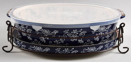 Floral Lace-Blue 13" Oval Baker W/Lid, Metal Stand & Tray by Temp-Tations