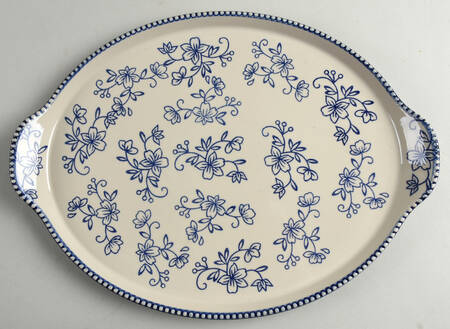 Floral Lace-Blue 16" Oval Tab Handled Serving Platter