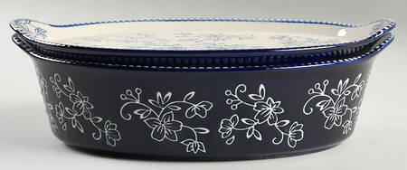 Floral Lace-Blue 12" Oval Tab Handled Baker & Lid-It by Temp-Tations