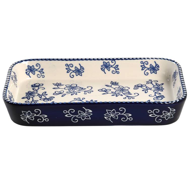 Floral Lace-Blue 10" Rectangular Shallow Baker by Temp-Tations
