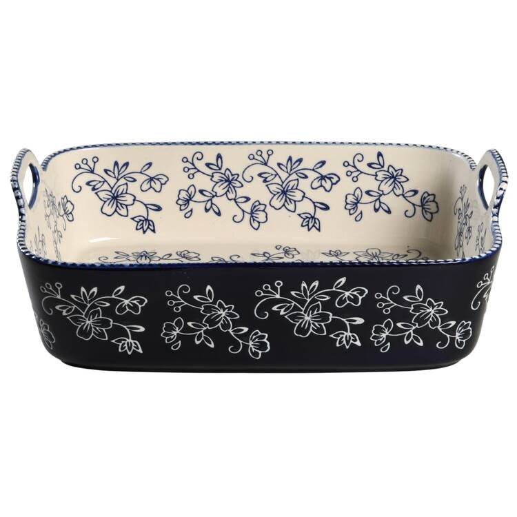 Floral Lace-Blue 13" Rectangular Baker with Upswept Handles