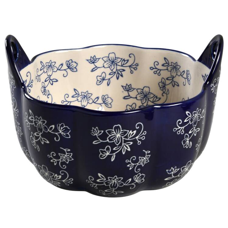 Floral Lace-Blue 3 Qt Round Sculpted Covered Casserole No Lid Or Wood Spoon