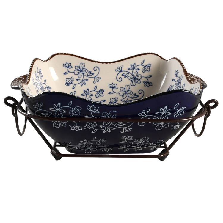 Floral Lace-Blue 2 Qt Square Bake & Serve Bowl with Metal Stand